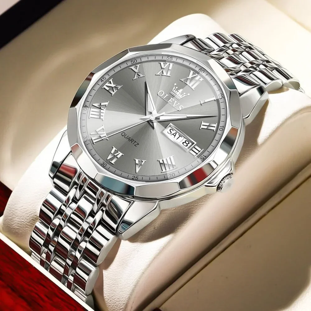 Olevs Men's Silver Grey Steel Stain Waterproof Stainless Luminous Stylish Watch